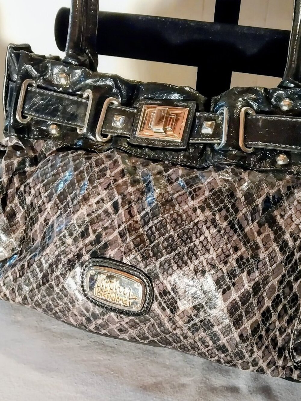 VTG Kathy Van Zeeland Croc Leopard Snake Print Mixed Media Hobo Shoulder Bag